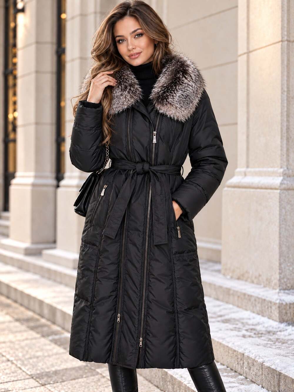 Decently Women’s Long Black Puffer Coat with Genuine Fox Fur Collar – Size L